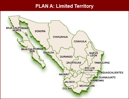Plan A Coverage Includes Baja California Norte, Baja California Sur, Sonora, Sinaloa, Chihuahua, Durango, Coahuila, Nuevo Leon, Tamaulipas, San Luis Potosi, Zacatecas, Nayarit, Jalisco, Aguascalientes, Colima, Guanajuato, Queretaro, and Michoacan. Plan A Map of Covered Mexican Territories